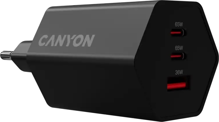 Сетевое зарядное устройство Canyon Hexagon GaN 65W, 2xUSB-C PD, 1xQC, Black (CND-CHAHEX65B) фото4