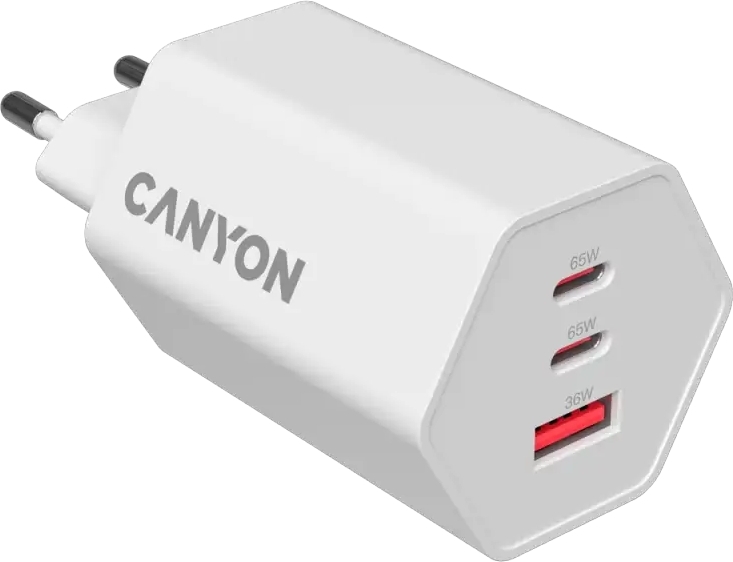 Сетевое зарядное устройство Canyon Hexagon GaN 65W, 2xUSB-C PD, 1xQC, White (CND-CHAHEX65W) фото4