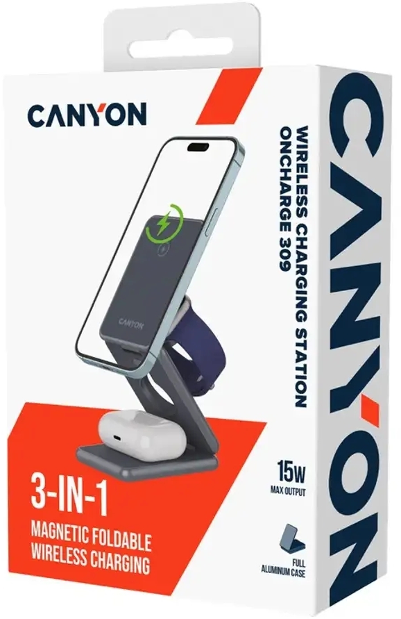 Беспроводное зарядное устройство Canyon Foldable wireless charger 15W 3in1 Metal (CNS-WCS309M) фото13