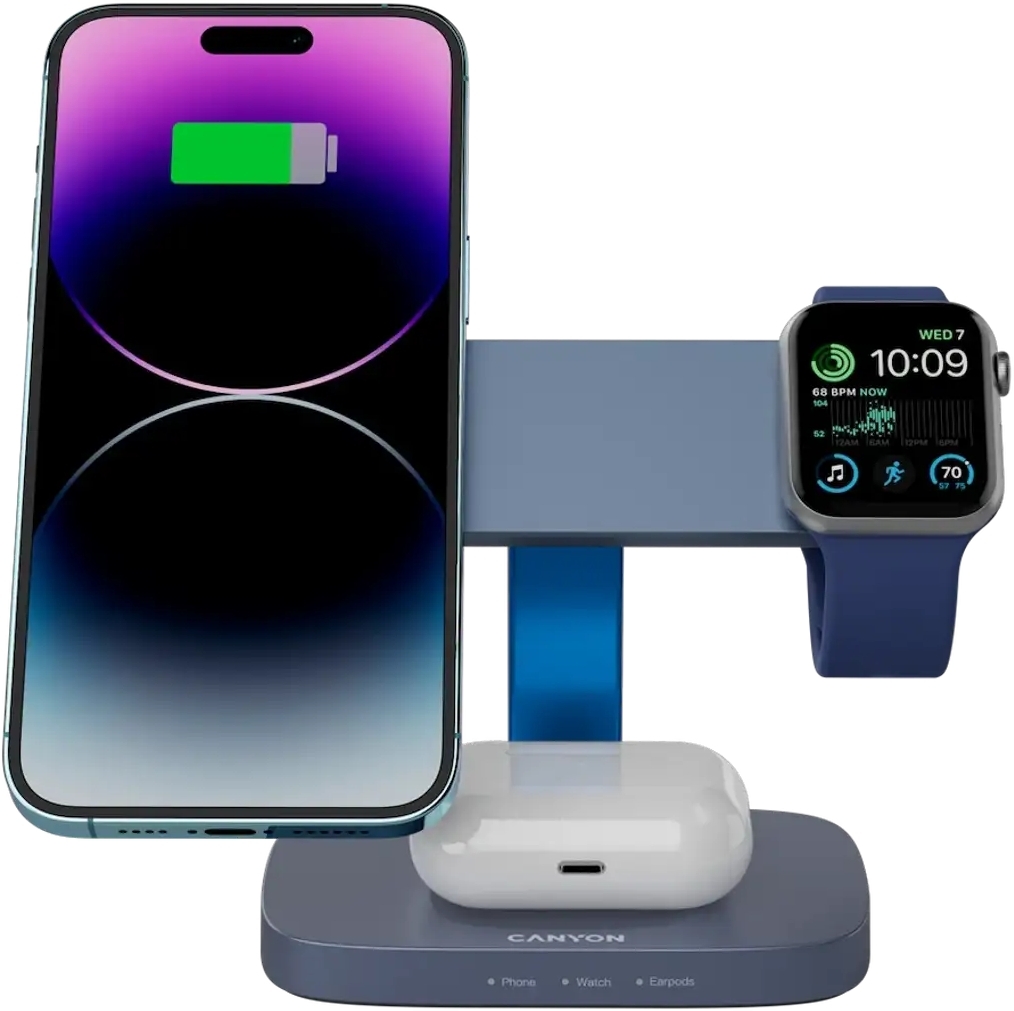 Беспроводное зарядное устройство Canyon wireless charger HEXAGON WCS-310 3in1 DarkGrey/Blue (CNS-WCS310DGBL) фото4