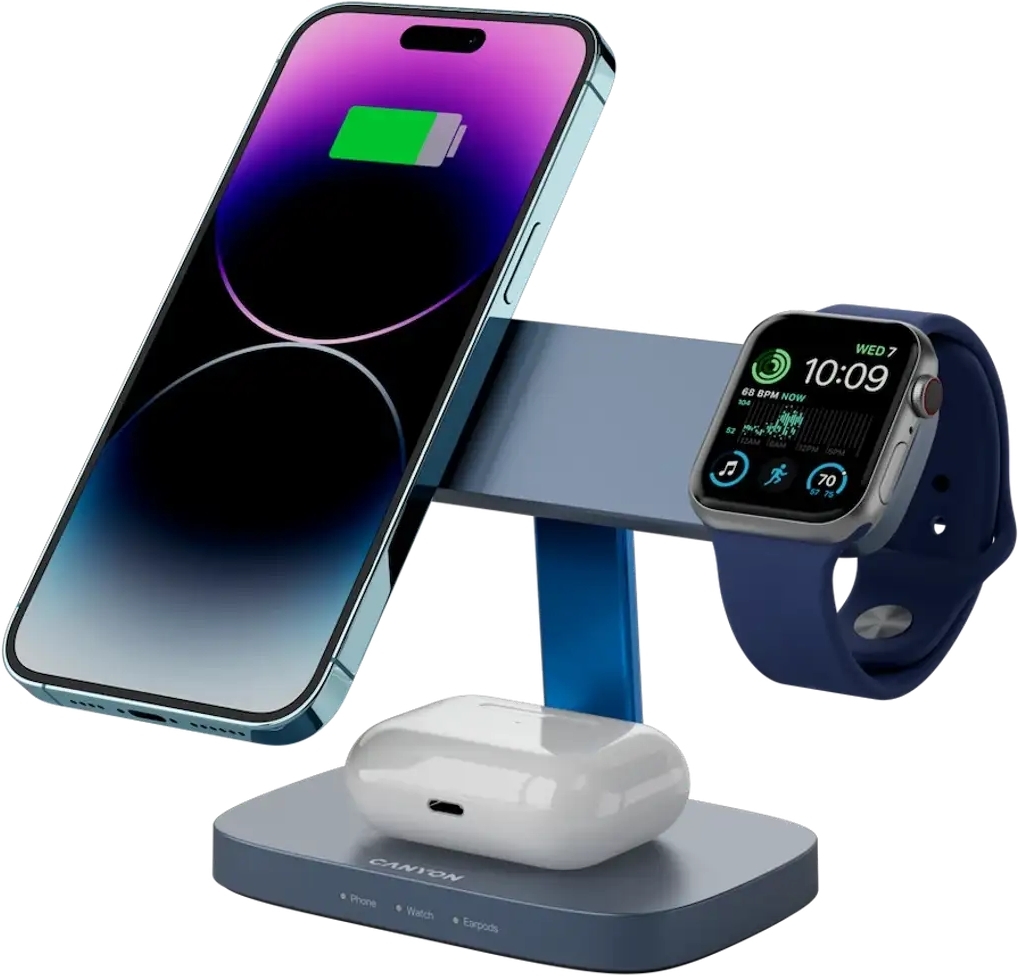 Беспроводное зарядное устройство Canyon wireless charger HEXAGON WCS-310 3in1 DarkGrey/Blue (CNS-WCS310DGBL) фото5