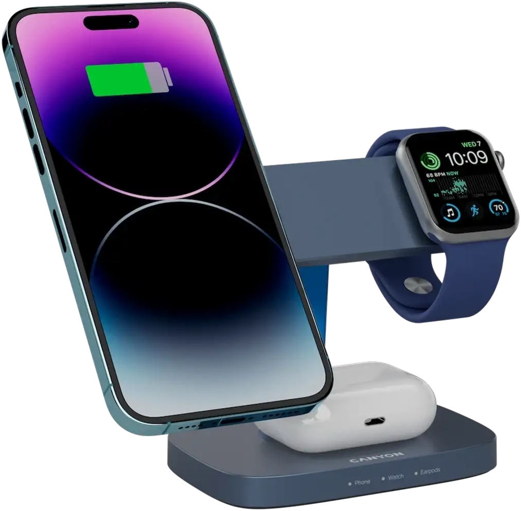 Беспроводное зарядное устройство Canyon wireless charger HEXAGON WCS-310 3in1 DarkGrey/Blue (CNS-WCS310DGBL) фото6