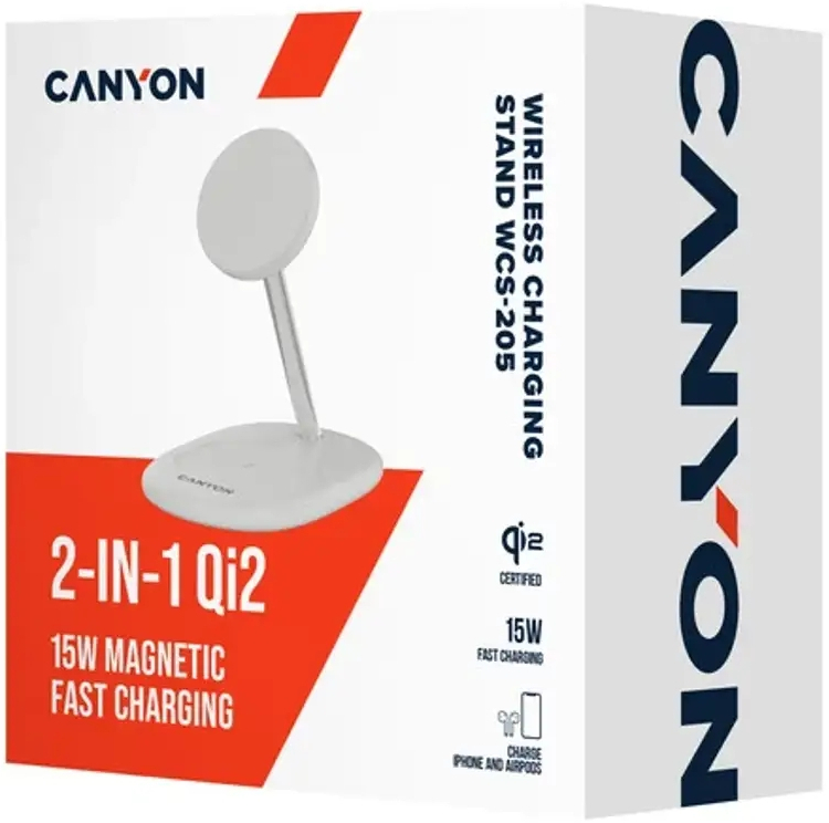 Беспроводное зарядное устройство Canyon WCS-205 15 Вт Qi2 2-в-1 White (CNS-WCS205W) фото7