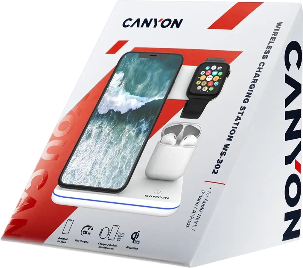 Беспроводное зарядное устройство Canyon WS-302 3 в 1 QI White (CNS-WCS302W) фото6