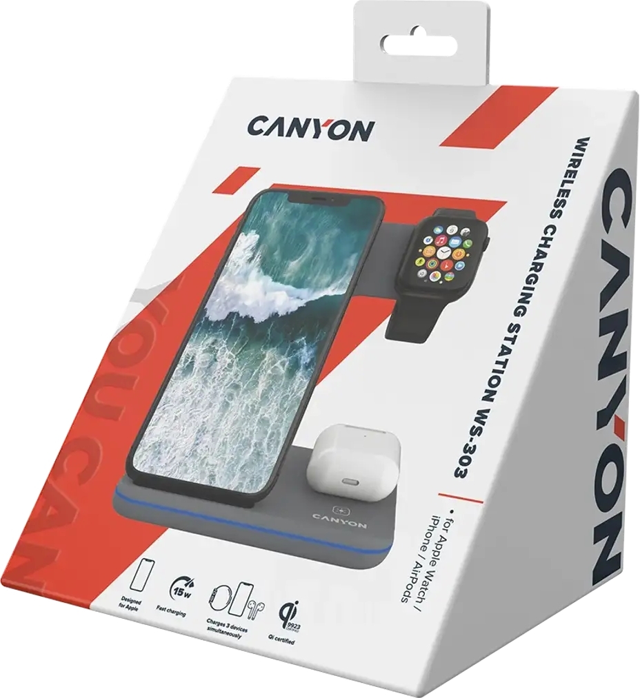Беспроводное зарядное устройство Canyon WS-303 3 в 1 QI Dark Grey (CNS-WCS303DG) фото7