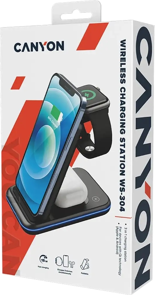 Беспроводное зарядное устройство Canyon WS-304 3 в 1 QI Black (CNS-WCS304B) фото