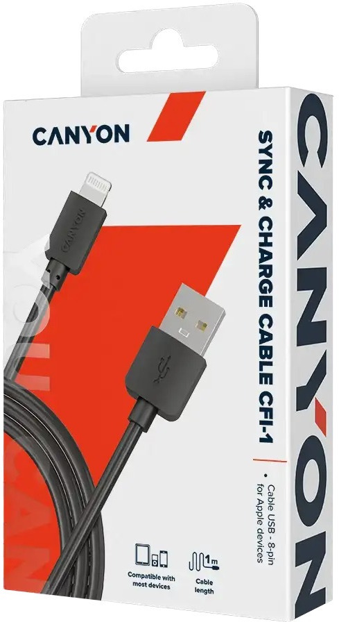 Кабель Canyon USB-A - Lightning 1m Black (CNE-CFI1B) фото2