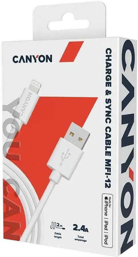 Кабель Canyon USB-A - Lightning 2m White (CNS-MFIC12W) фото2