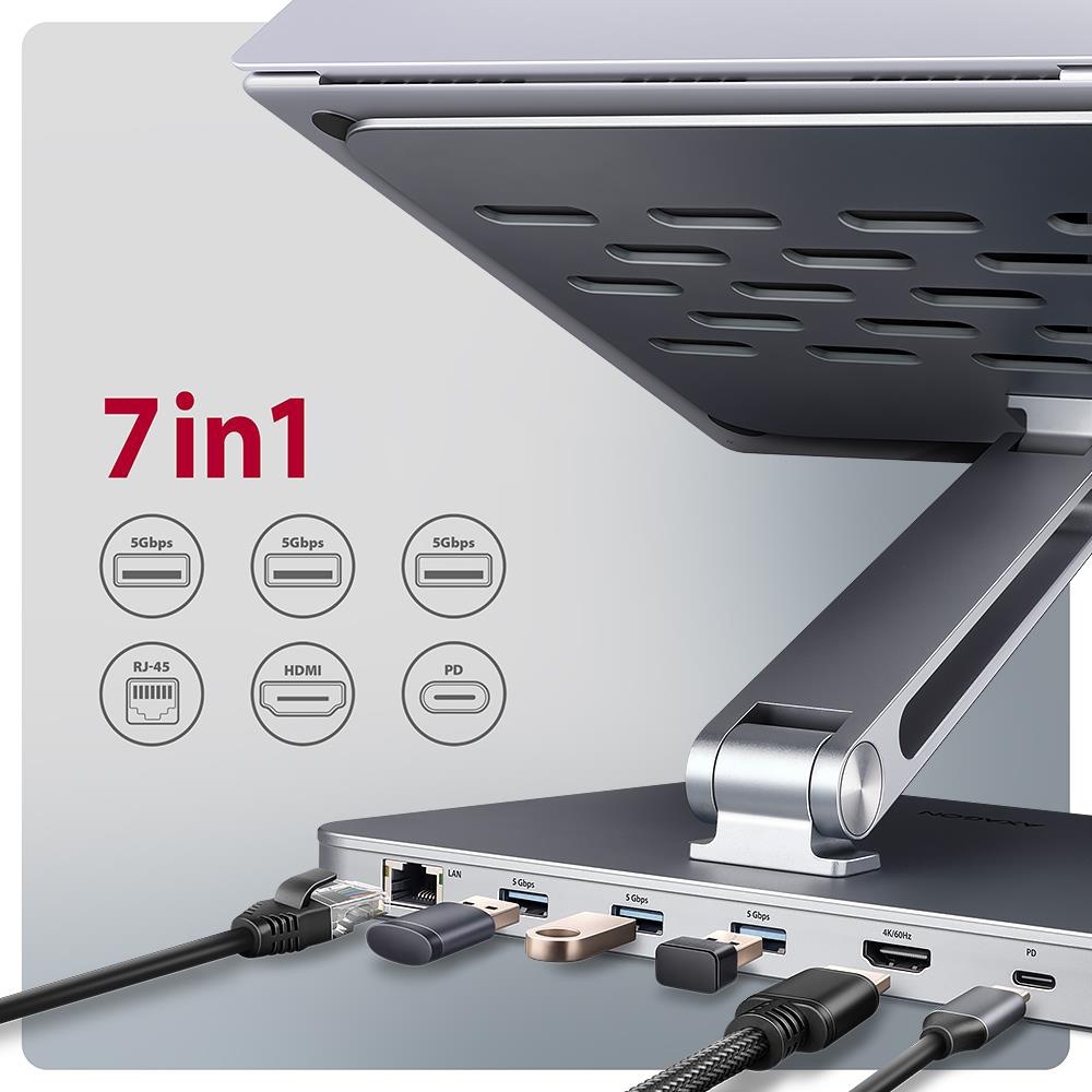 Подставка для ноутбуков Axagon USB-C 5Гбит/с алюминиевая подставка - HUB 7in1 (HMC-STND) фото4