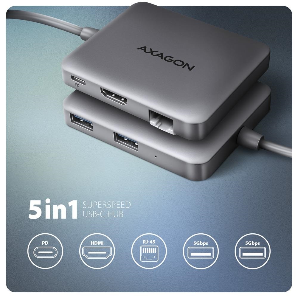 Хаб концентратор Axagon USB-C 5Гбіт/с SuperSpeed 5in1 hub, Сірий (HMC-5HL) фото2