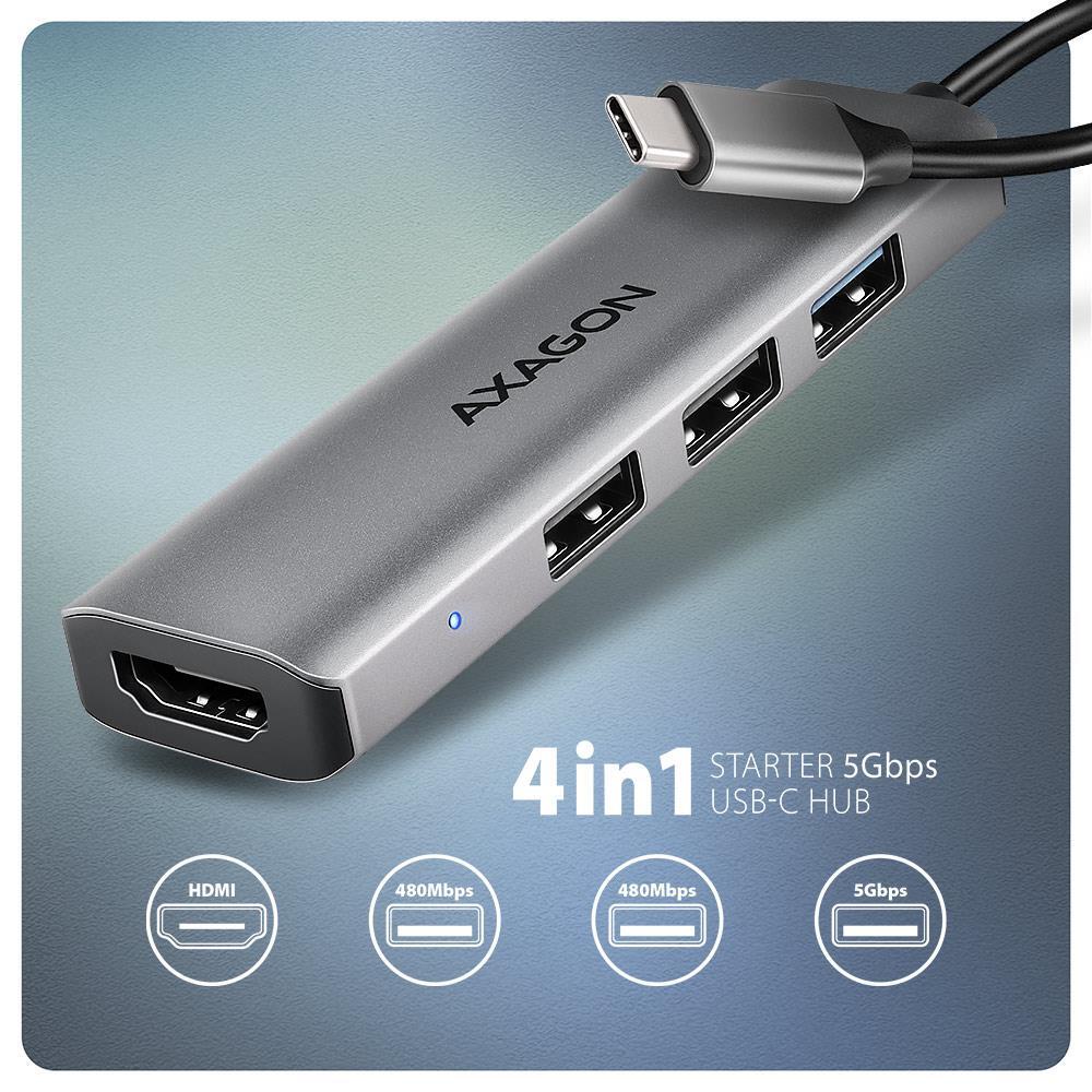 Хаб концентратор Axagon USB-C 5Гбит/с STARTER 4in1 hub, Серый (HMC-H3A) фото2