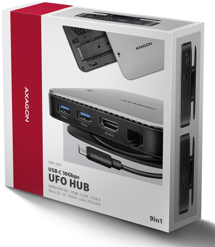 Хаб концентратор Axagon USB-C 10Гбит/с UFO 9in1 hub, Серый (HMC-UFO) фото2