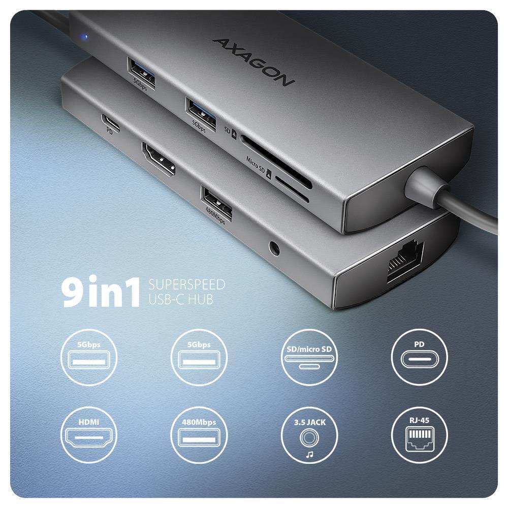 Хаб Axagon USB-C 5Гбіт/с 9in1 hub, Сірий (HMC-8HLSA) фото