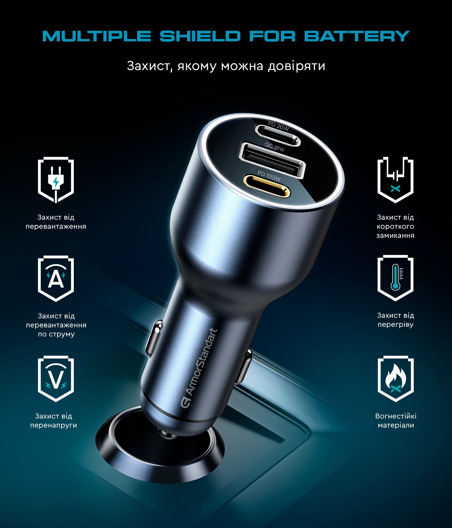 Автомобільний зарядний пристрій ArmorStandart Resolute Power ASPP-21 120W 2xUSB-C, USB (ARM70026) фото3
