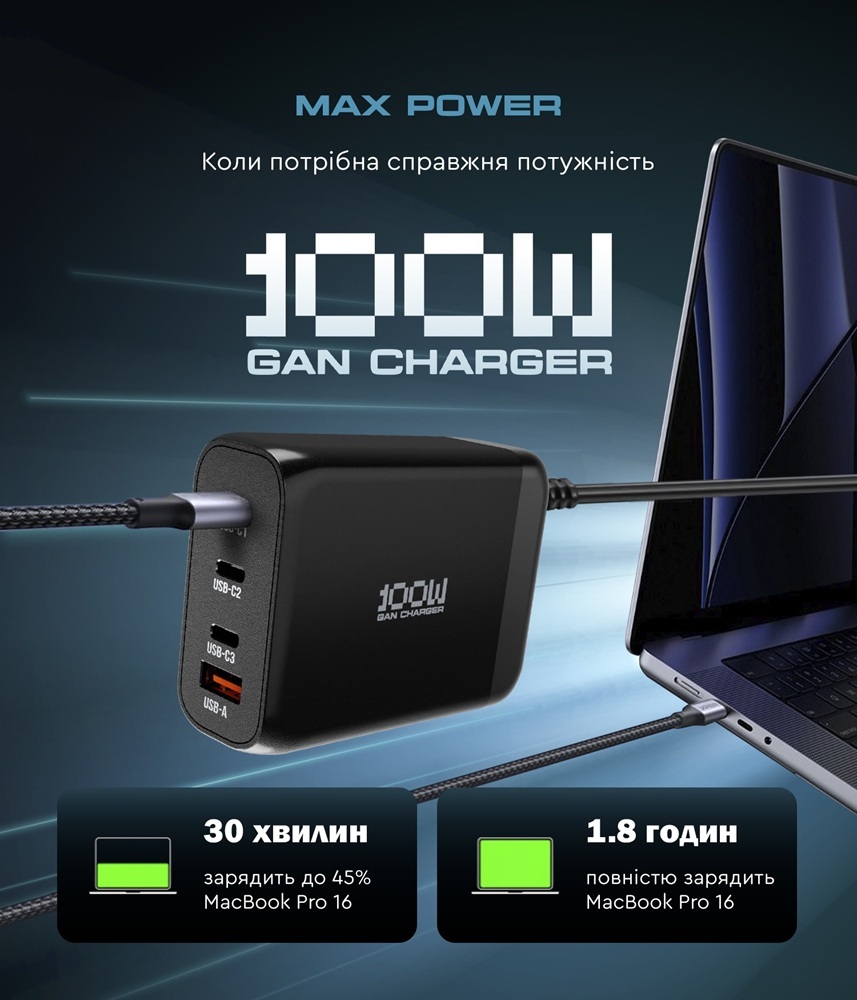 Мережевий зарядний пристрій ArmorStandart Resolute Power ARP-131 100W GaN Black (ARM70024) фото2