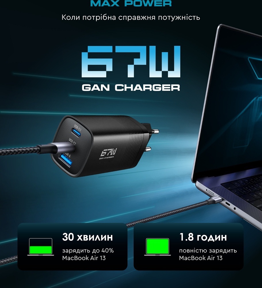 Мережевий зарядний пристрій ArmorStandart Resolute Power ARP-721 67W GaN Black (ARM88384) фото2
