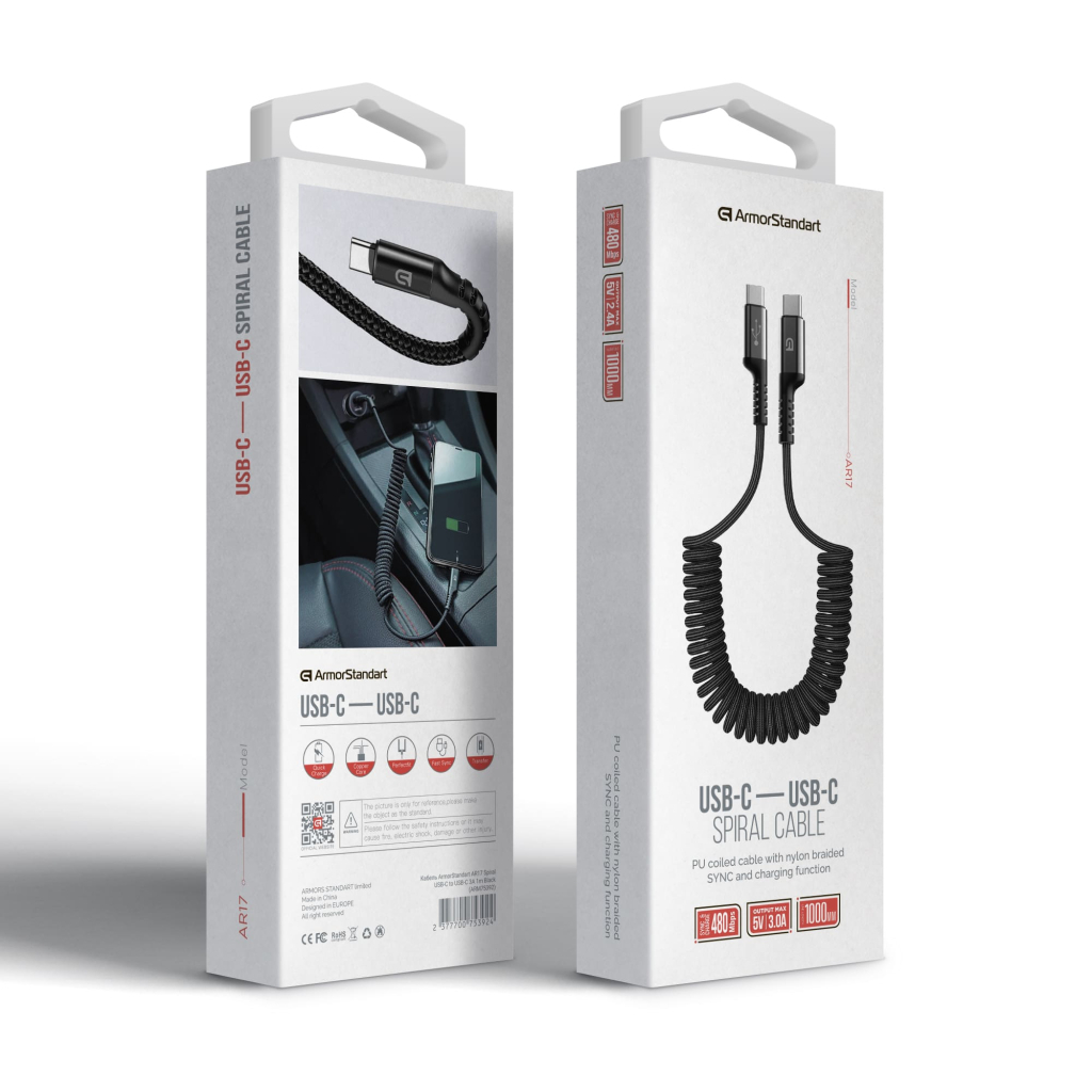 Кабель ArmorStandart AR17 Spiral USB-С to USB-C 3A 1m Black (ARM75392) фото