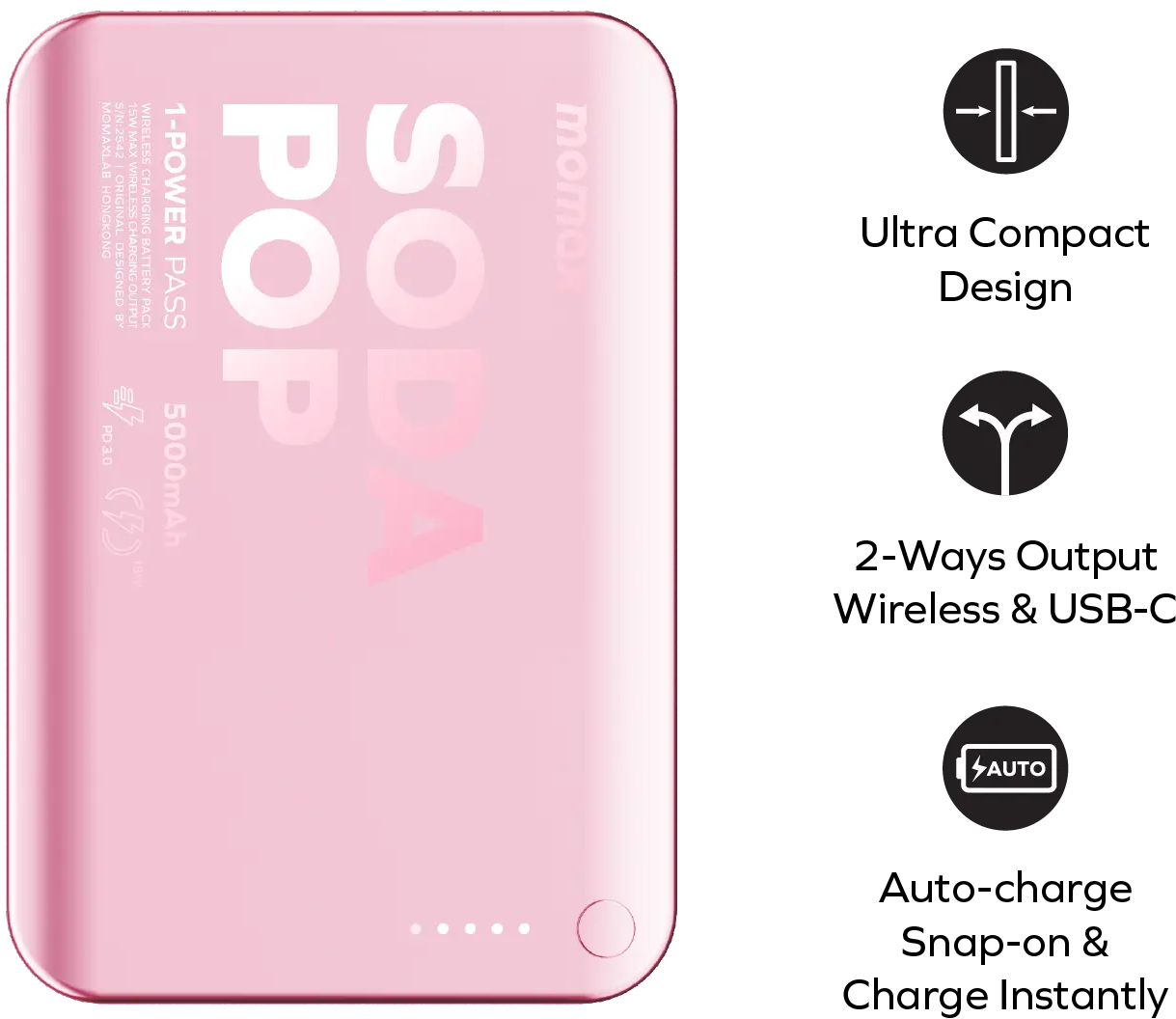 Портативний зарядний пристрій MOMAX WRL 5000mAh PINK (IP165P) фото2