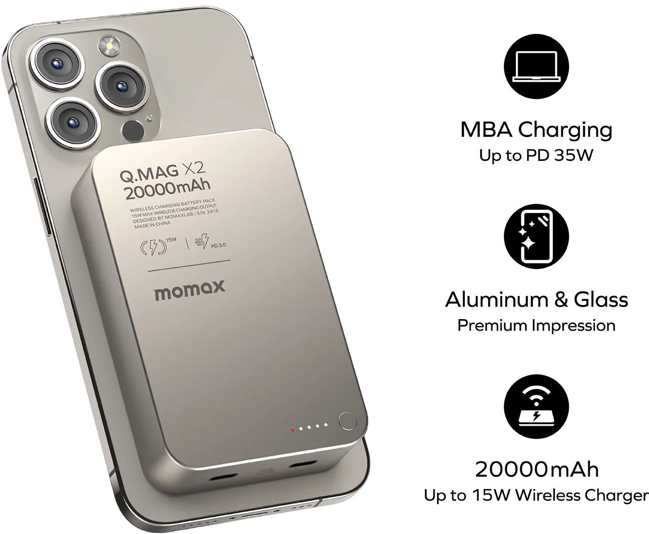 Портативний зарядний пристрій MOMAX WRL 20000mAh Q.MAG X2 TITANIUM (IP133E) фото2