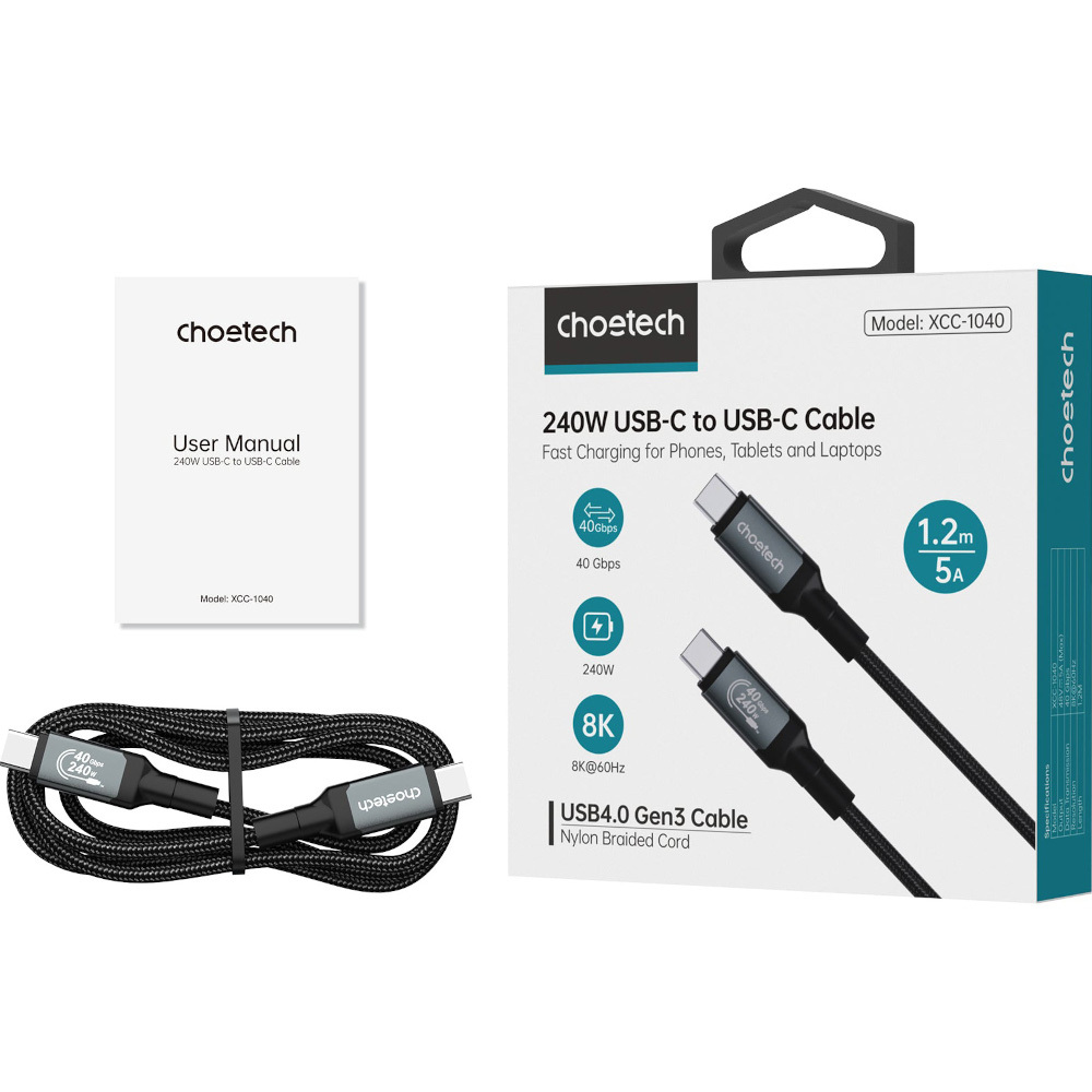 Кабель Choetech USB-C 4 GEN 3 240 Вт 8K 1 м фото3