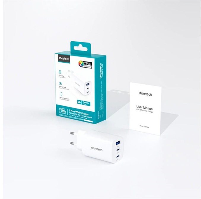 Мережевий зарядний пристрій Choetech GaN PD65W, 3 порта, 2*USB-C+A фото2