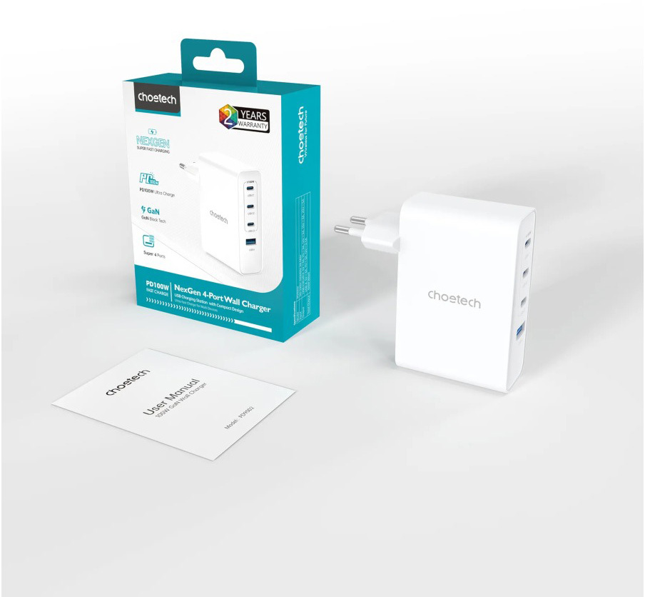 Мережевий зарядний пристрій Choetech GaN PD100W, 4 порта, 3*USB-C+A фото4