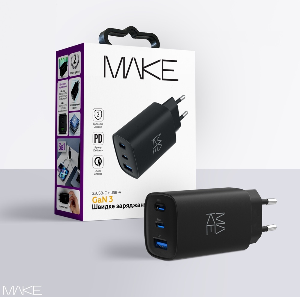 Зарядний пристрій MakeFuture 65W GaN 2xPD + QC3.0 Black (MCW-6531GBK) фото2