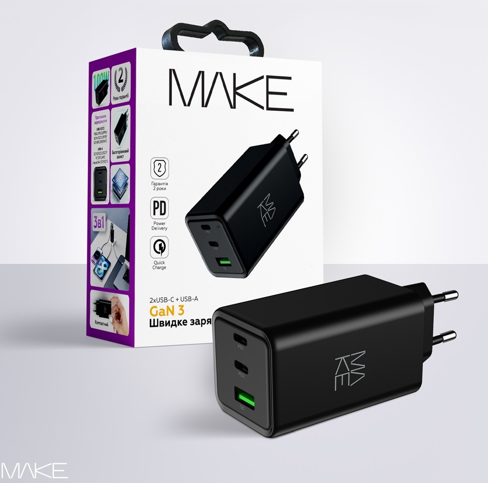 Зарядное устройство MakeFuture 100W GaN 2xPD + QC3.0 Black (MCW-10031GBK) фото2