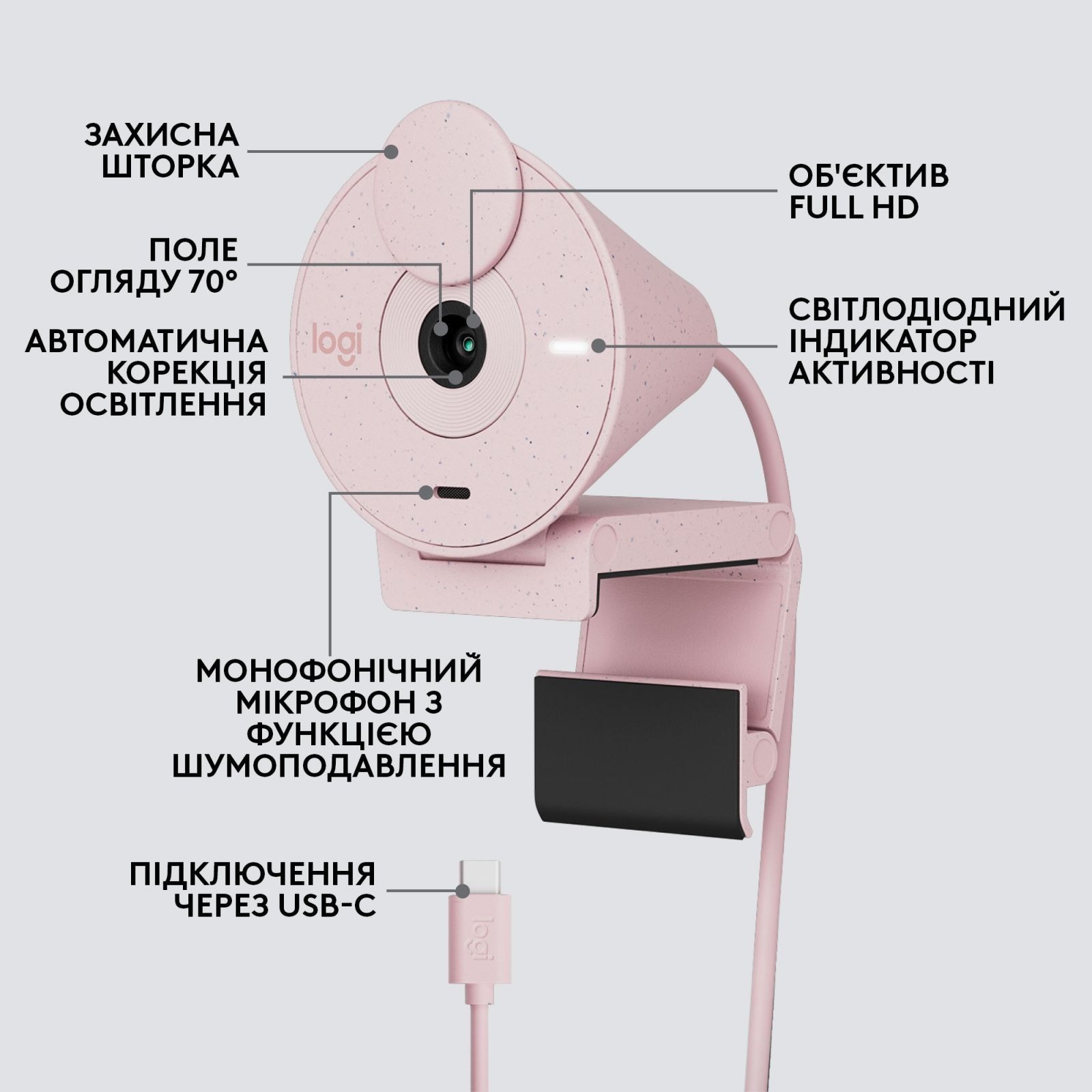 Веб-камера Logitech Brio 300 Full HD webcam, ROSE, USB фото3