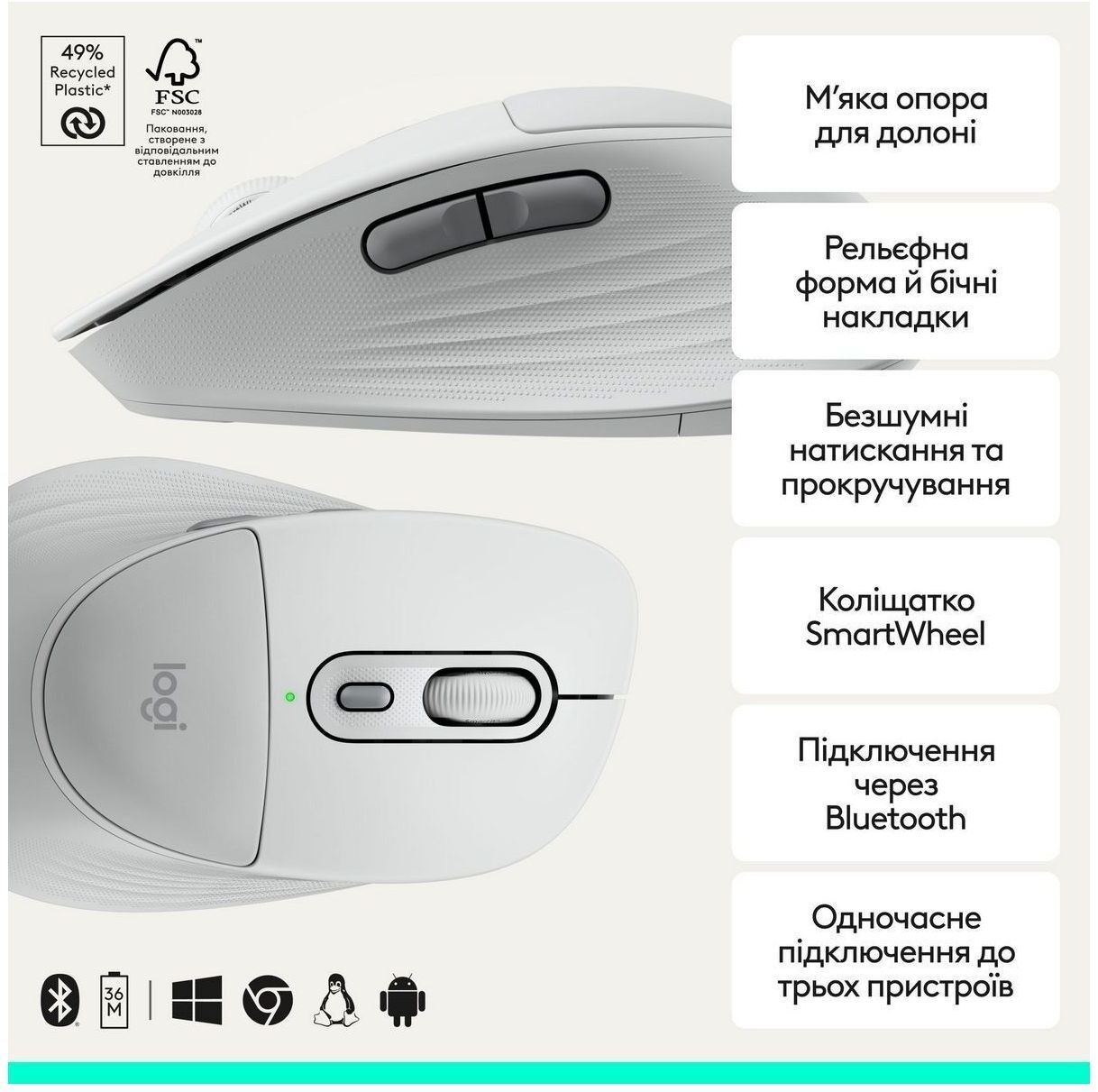 Мышь Logitech Signature Comfort Plus M850L Wireless Mouse, OFF-WHITE фото