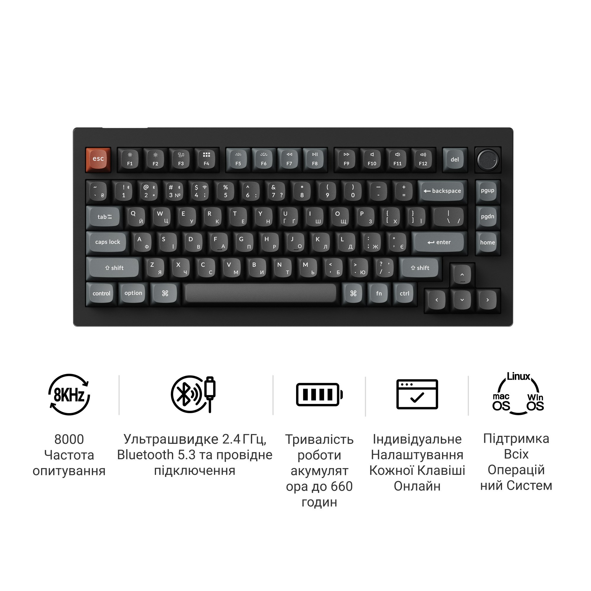 Клавіатура бездротова Keychron V1 Ultra Keychron Red Switch Black RGB (V1U-D1-UA) фото