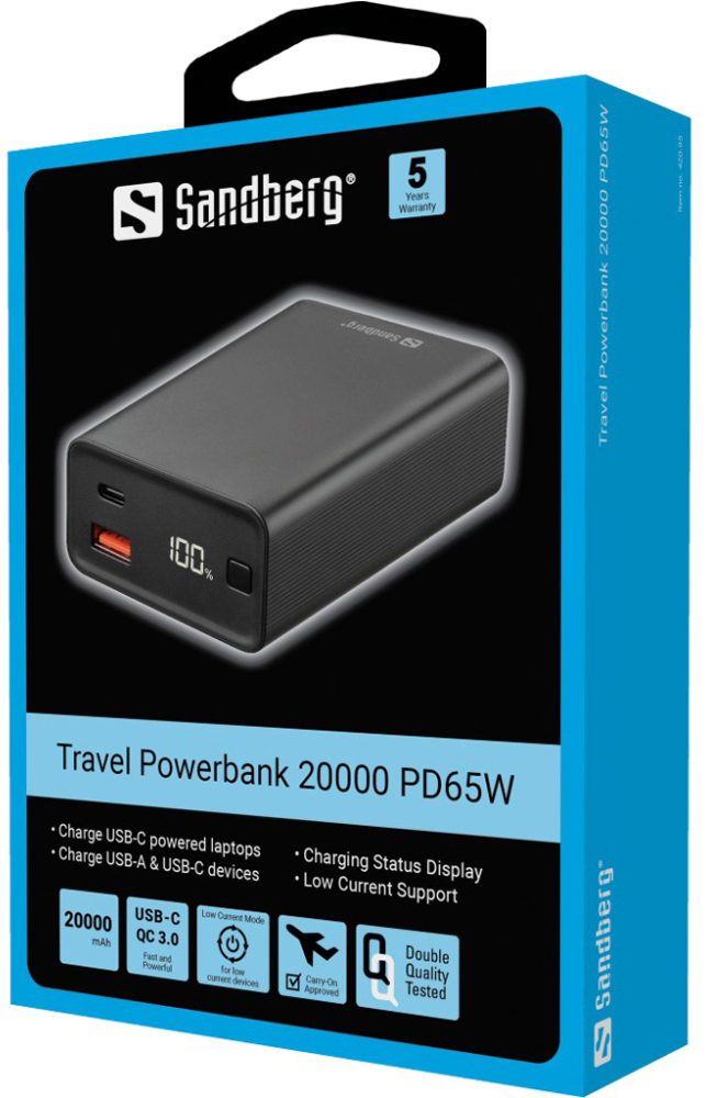 Універсальна мобільна батарея Sandberg Travel Powerbank 20000mAh PD 65W Black (420-95) фото