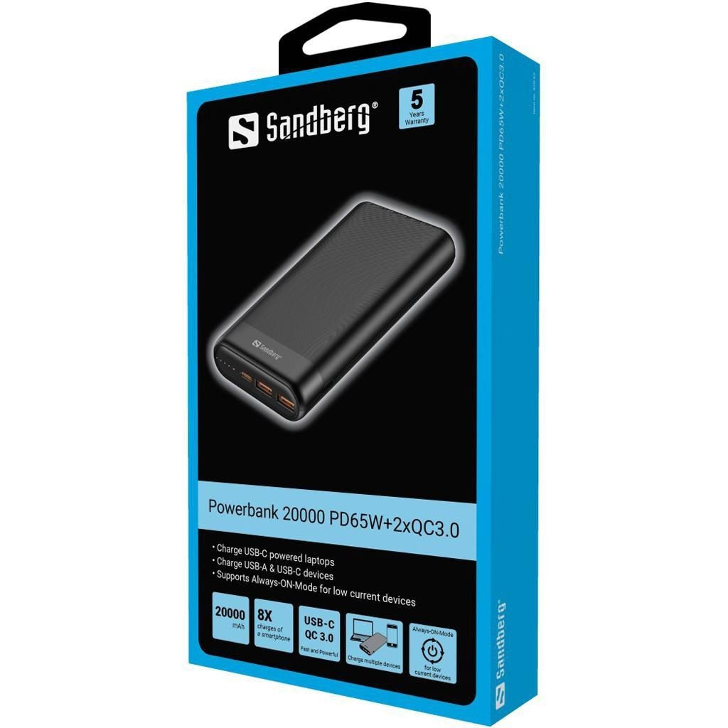 Павербанк Sandberg Powerbank 20000mAh PD 65W Black (420-62) фото