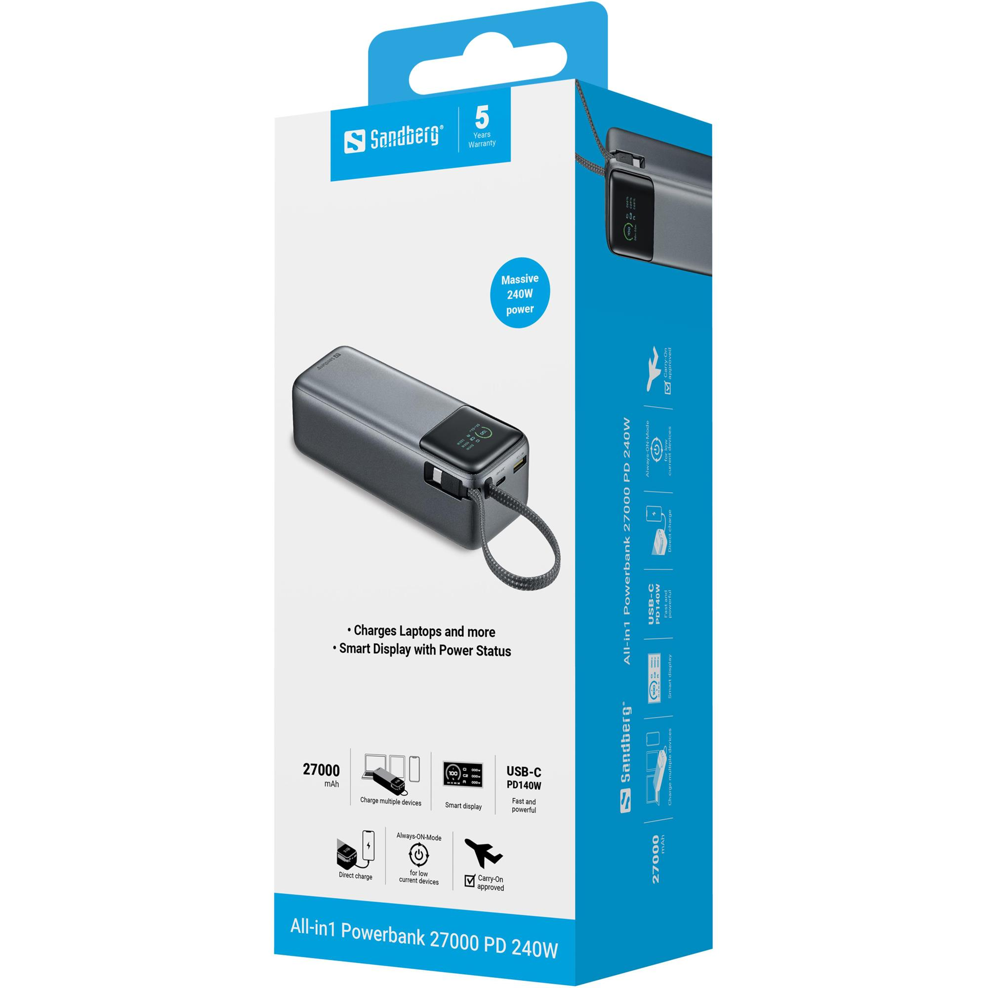 Павербанк Sandberg All-in1 27000mAh PD 240W Grey (421-31) фото