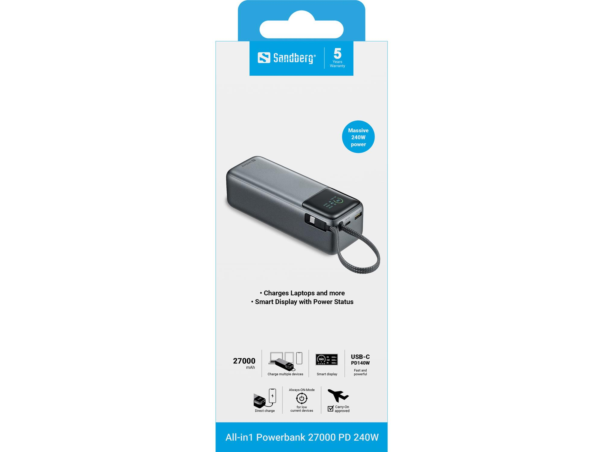 Павербанк Sandberg All-in1 27000mAh PD 240W Grey (421-31) фото