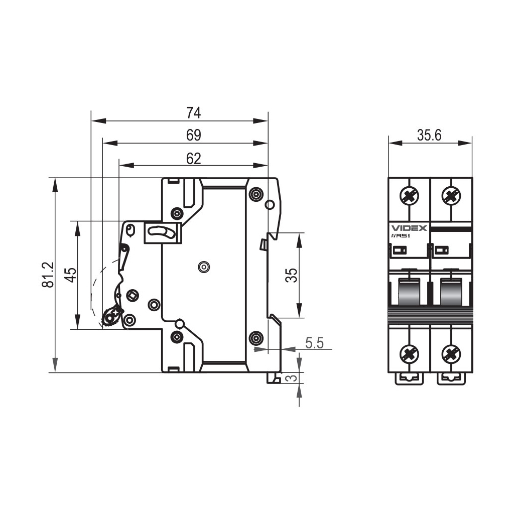 Автоматичний вимикач Videx RS6 RESIST 2п 16А 6кА С (VF-RS6-AV2C16) фото2