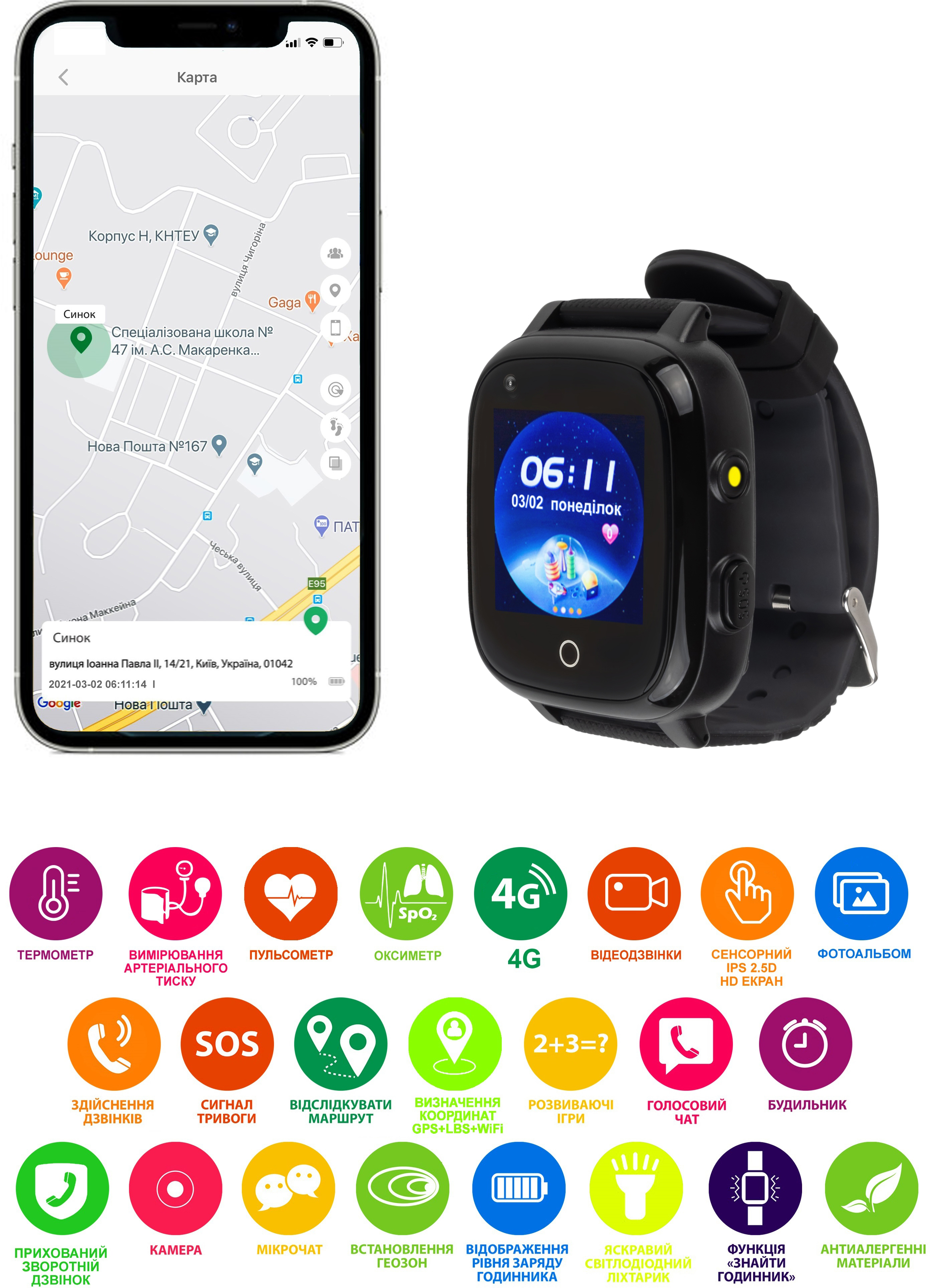 Смарт-часы для детей AmiGo GO005 4G WiFi Thermometer Black (747016) фото8