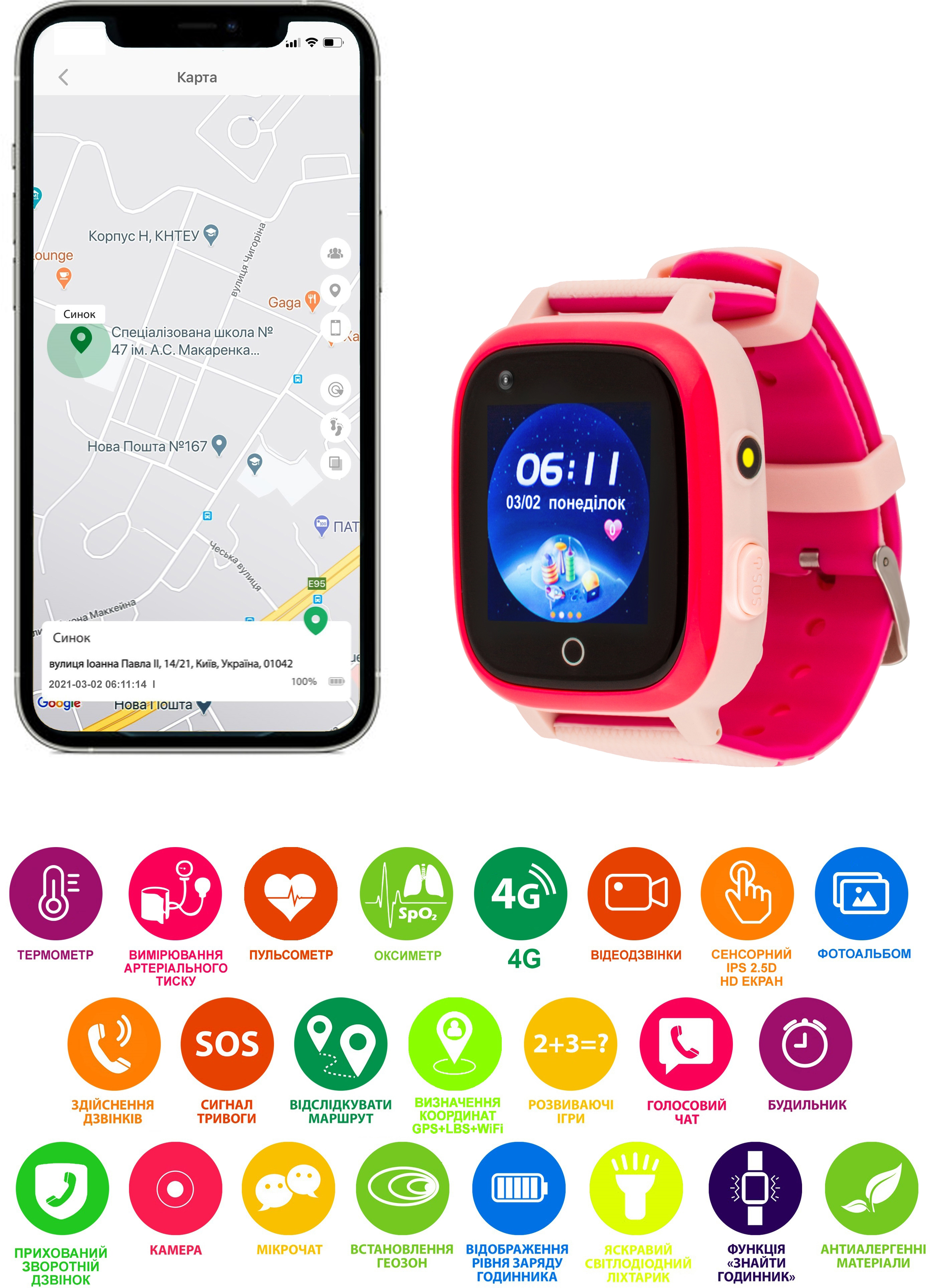 Смарт-часы для детей AmiGo GO005 4G WiFi Thermometer Pink (747018) фото8