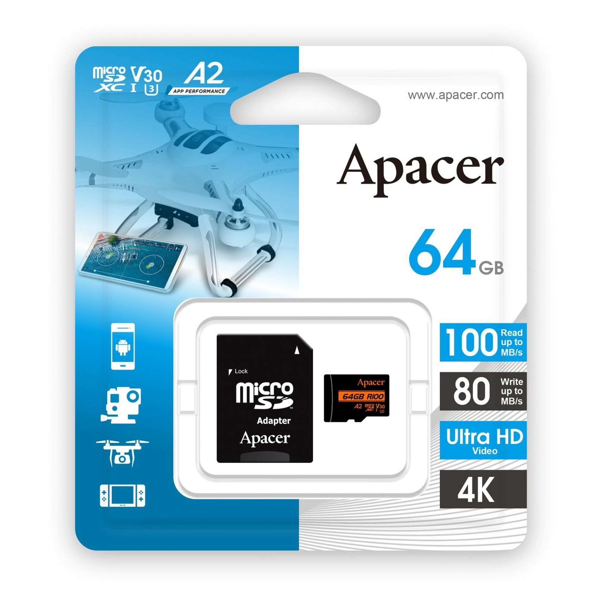 Карт. пам. Apacer microSDXC UHS-I U3 64GB V30 A2 +SD фото