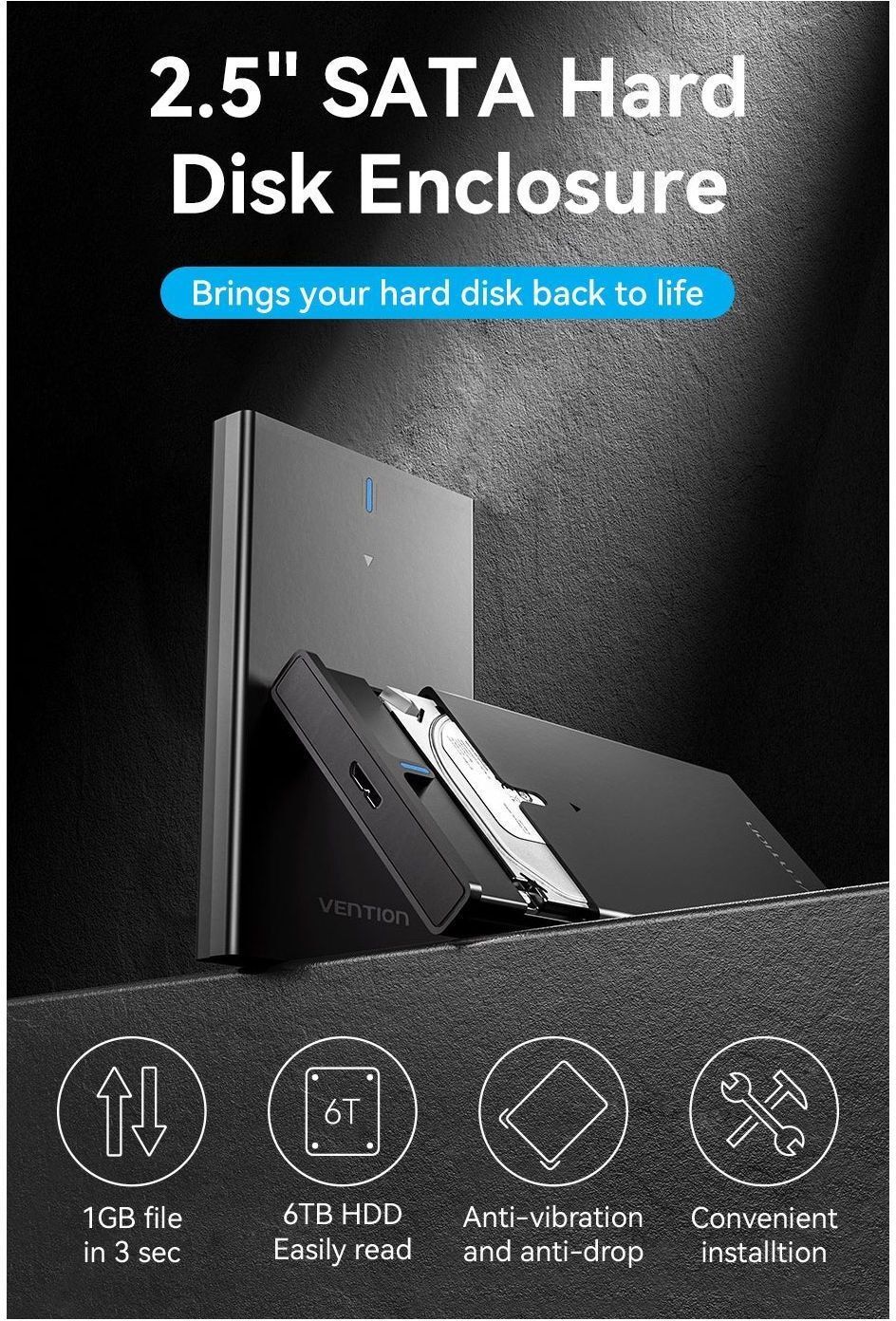 Внешний карман Vention 2.5" HDD/SSD USB 3.0 Micro-B Black (KPAB0) фото4