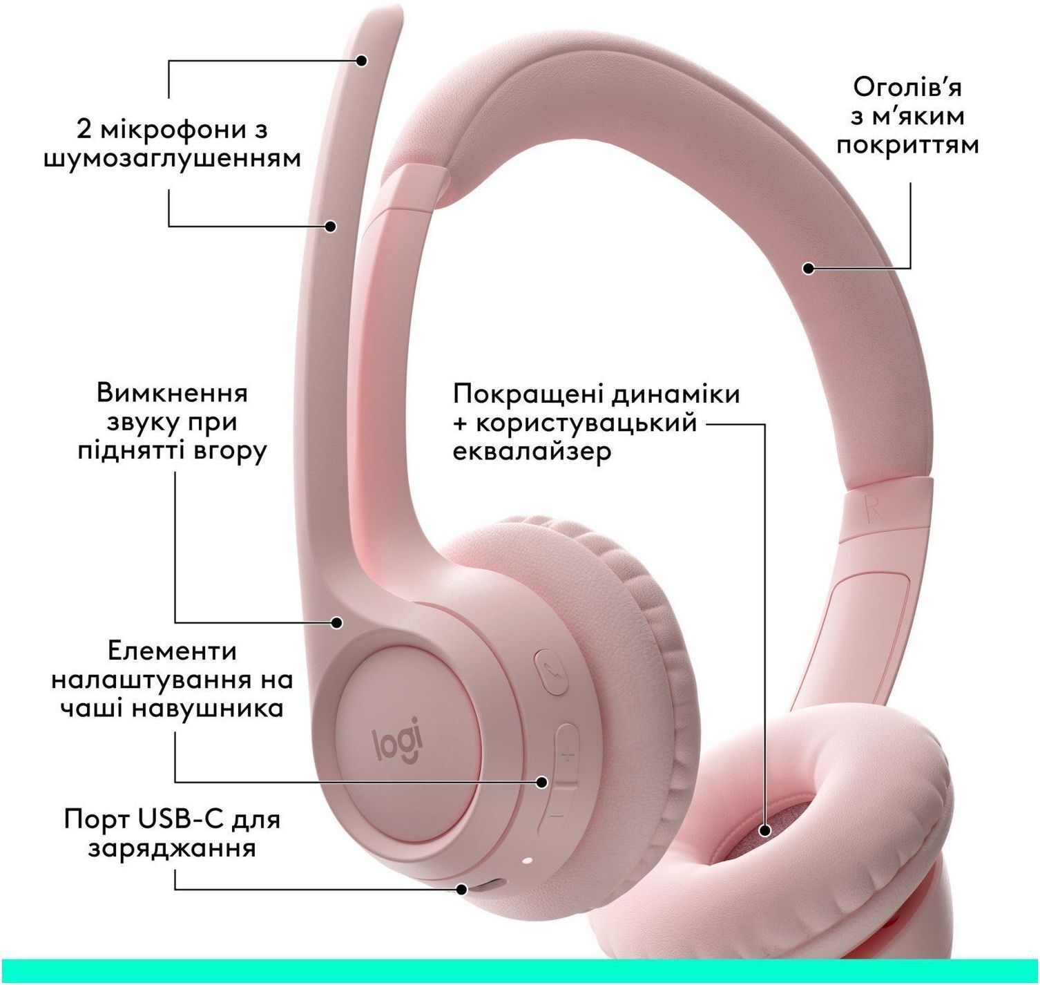 Bluetooth-гарнітура Logitech Zone 300 Wireless Rose (981-001412) фото2