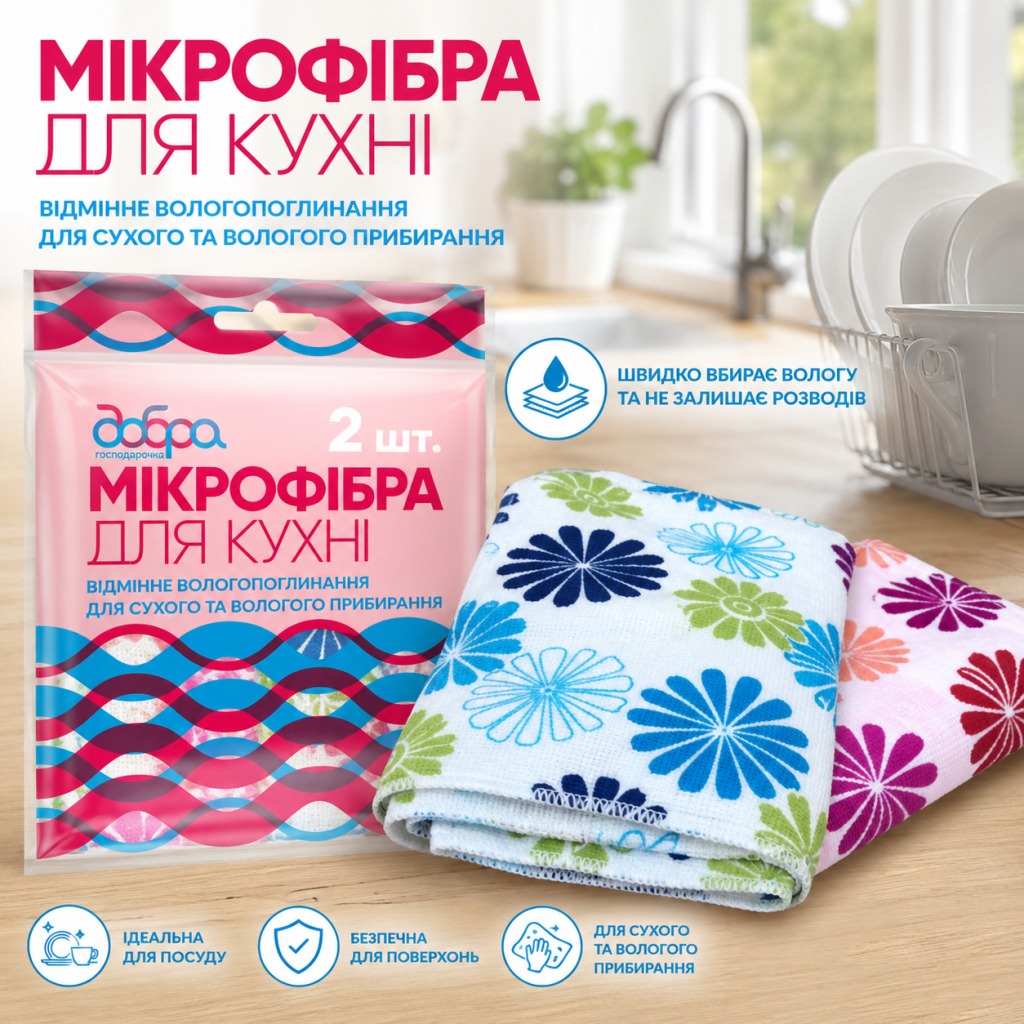Салфетки для уборки Добра Господарочка из микрофибры для кухни 2 шт. (4820086522052) фото