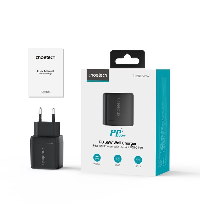 Сетевое зарядное устройство Choetech GaN USB-A/USB-C 35W QC3.0/PD/PPS (PD6052-EU-BK) фото3