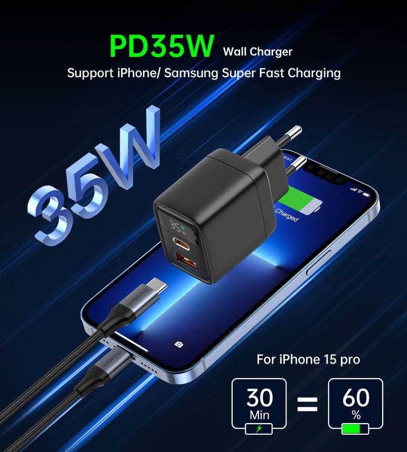 Сетевое зарядное устройство Choetech GaN USB-A/USB-C 35W QC3.0/PD/PPS (PD6052-EU-BK) фото6