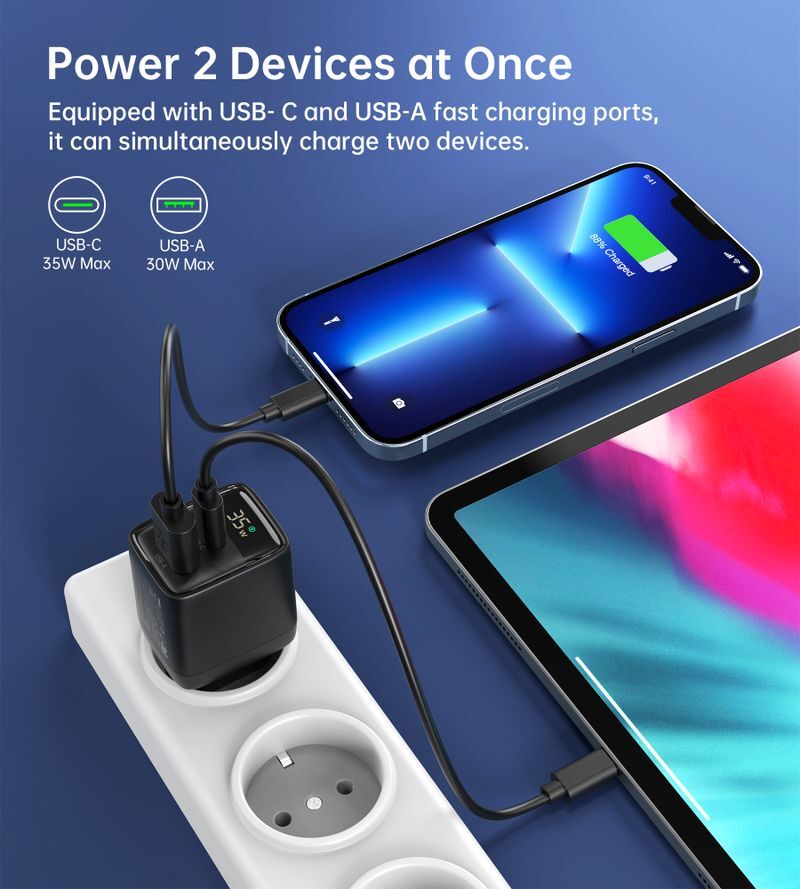 Сетевое зарядное устройство Choetech GaN USB-A/USB-C 35W QC3.0/PD/PPS (PD6052-EU-BK) фото7