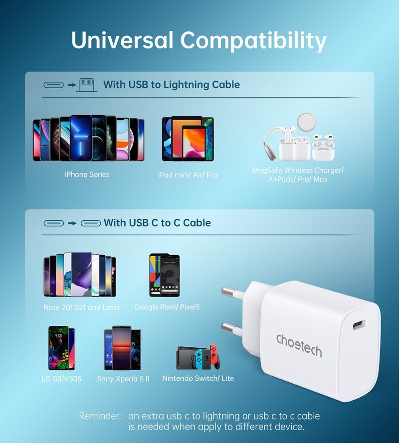 Мережевий зарядний пристрій Choetech USB-С 20W PD/QC (Q5004-EU-WH) фото