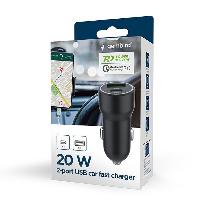 Автомобільний зарядний пристрій Gembird 1xUSB-A (18W QC3.0)+ 1xUSB-C 20W PD (TA-UC-A2PDQC20-CAR-01) фото5