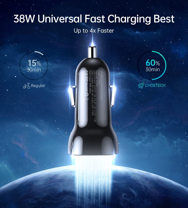 Автомобільний зарядний пристрій Choetech USB-A/USB-C (TC0005-BK) фото