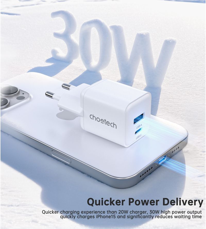 Мережевий зарядний пристрій Choetech USB-A/USB-C 30Вт QC3.0/PD/PPS (PD5012-EU-WH) фото