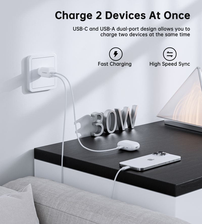 Мережевий зарядний пристрій Choetech USB-A/USB-C 30Вт QC3.0/PD/PPS (PD5012-EU-WH) фото